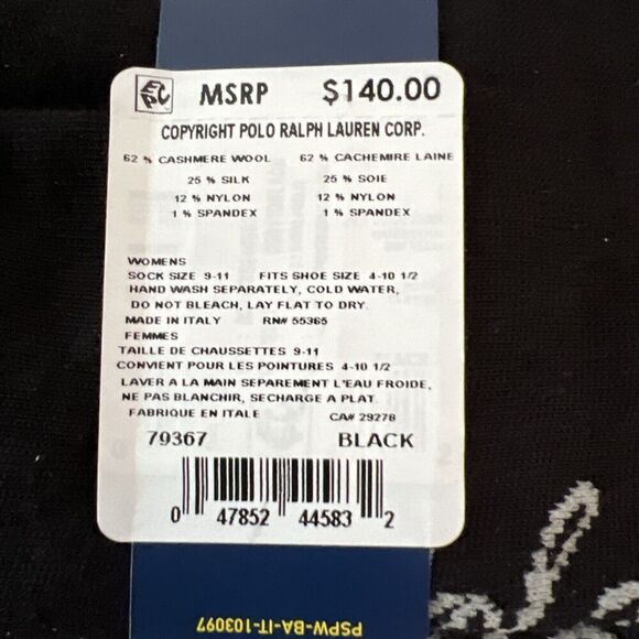 Polo Ralph Lauren Womens Cashmere Wool Slouchy Socks 1 Pair Black Made in Italy - Picture 3 of 3